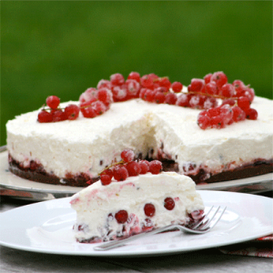 Mascarpone-Torte mit Johannisbeeren und Schokohaferkeks-Boden