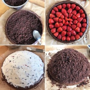 Collage Zubereitungsschritte Maulwurfkuchen Erdbeeren