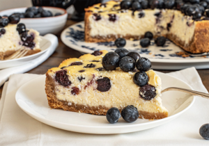 Anschnitt Heidelbeer-Käsekuchen