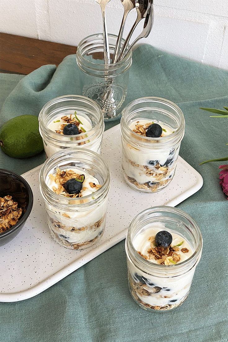 Dessert im Glas mit Blaubeeren, Skyr und Haferflocken