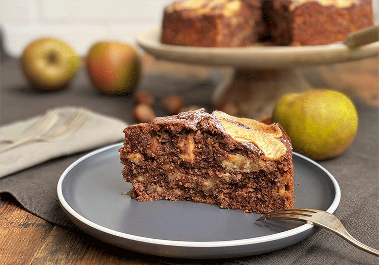 Anschnitt Apfelkuchen mit Nüssen und Schokolade