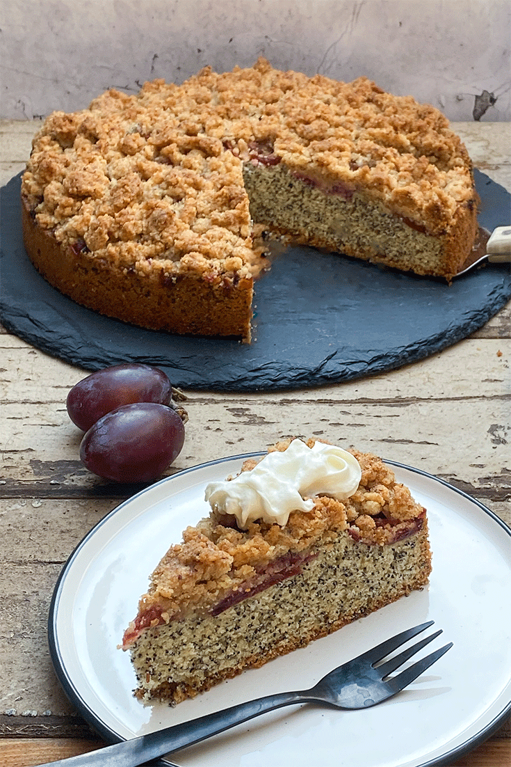 Anschnitt Mohn-Streuselkuchen mit Pflaumen