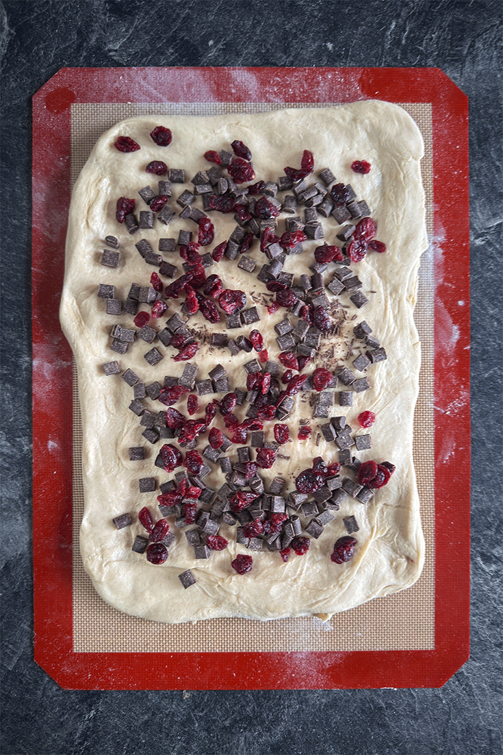 Schokoladenstücke und Cranberries auf Teig