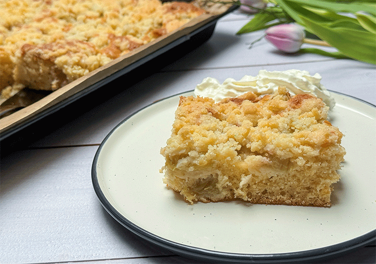 Anschnitt Rhabarber Streusel Blechkuchen