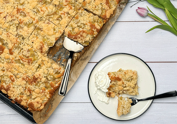 Anschnitt Rhabarber-Streuselkuchen vom Blech