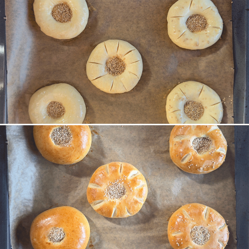 Kulchatoylar vor und nach dem Backen